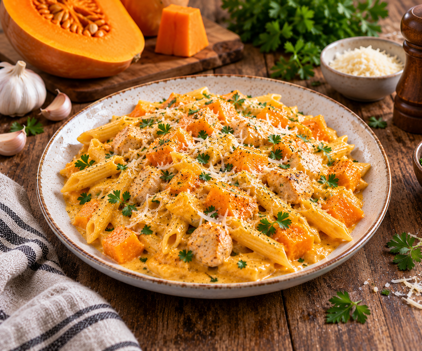 Sütőtökös-pulykás penne